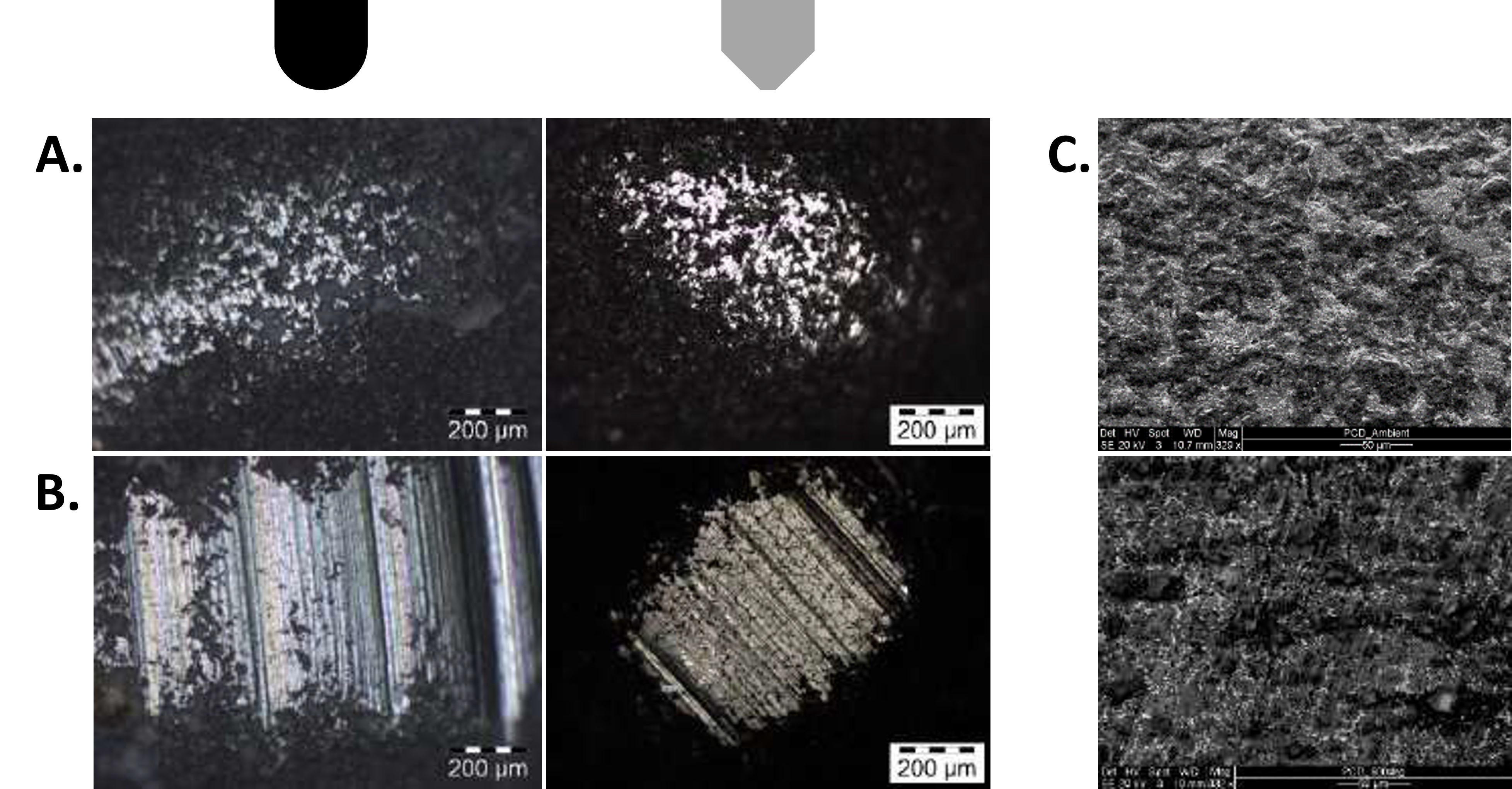Optical and SEM images of PCD pins